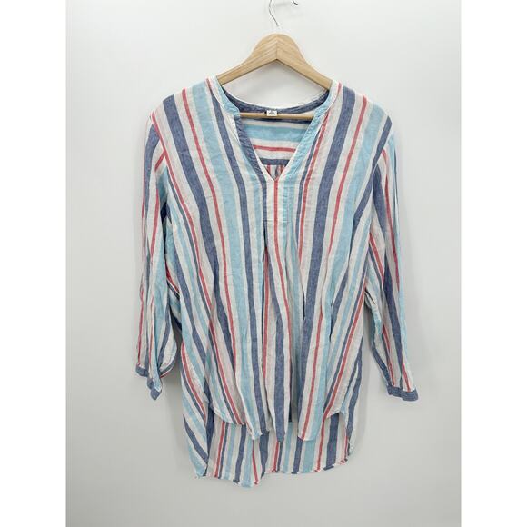 L.L. Bean Striped Linen Tunic Shirt Long Sleeve V-Neck Coastal Vaca Beach Swim - Picture 1 of 8